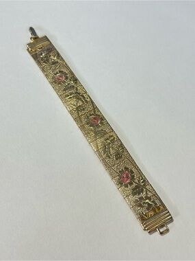 Vintage Mesh Floral Engraved Painted Panel Bracelet Cottagecore Art Nouveau 60s